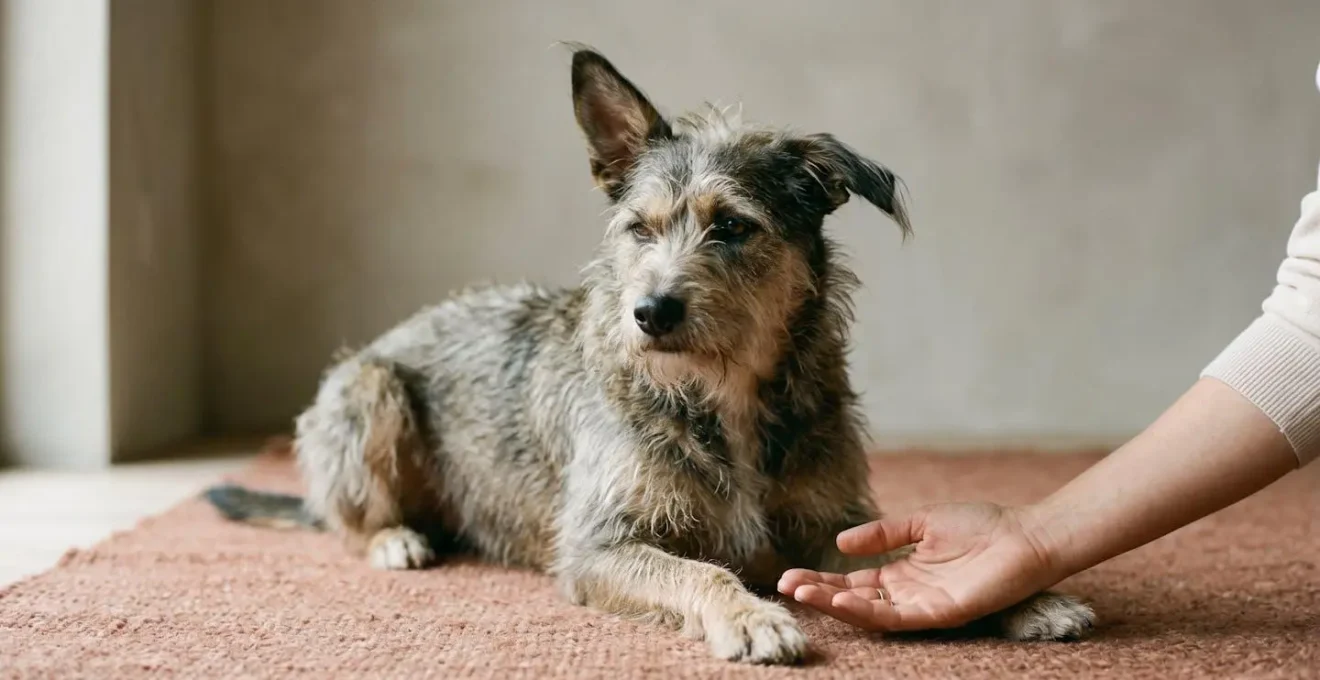 Moment de connexion authentique entre proprietaire et chien acceptant l'imperfection
