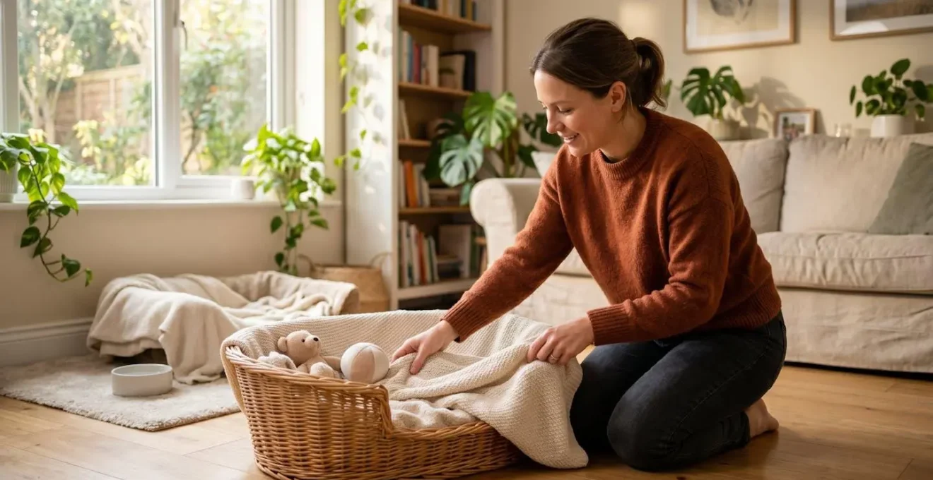 Espace d'accueil préparé pour l'arrivée d'un chiot avec zones dédiées et organisation pratique