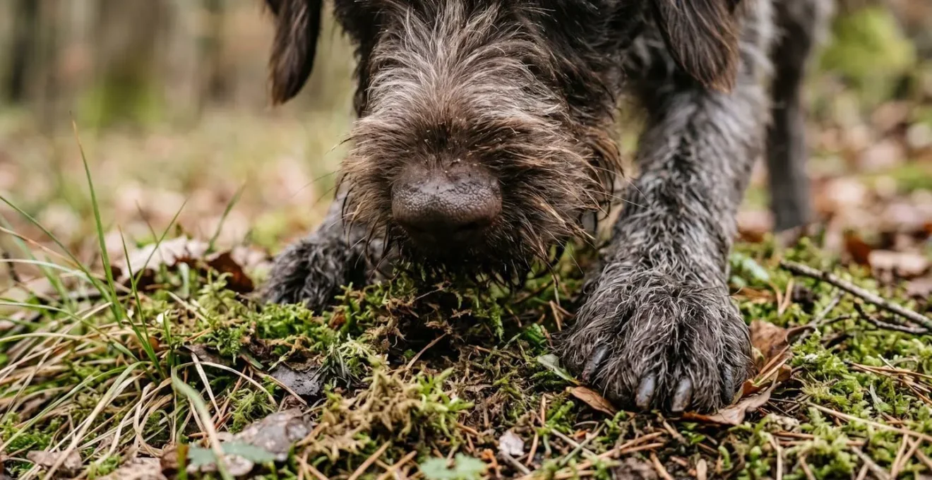 Chien concentré pratiquant une activité de pistage olfactif dans un environnement naturel apaisant