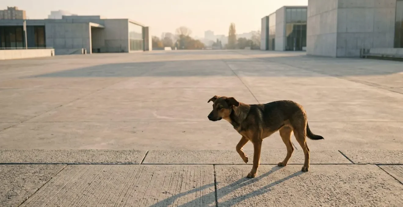 Photo grand-angle d'un jeune chien adolescent hésitant face à un nouvel environnement urbain, illustrant la période sensible de développement