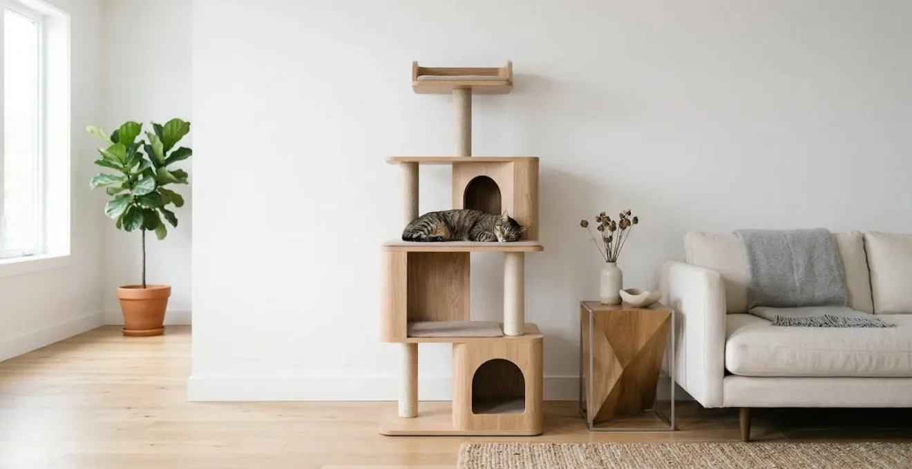 Salon moderne épuré avec arbre à chat design intégré harmonieusement dans la décoration contemporaine