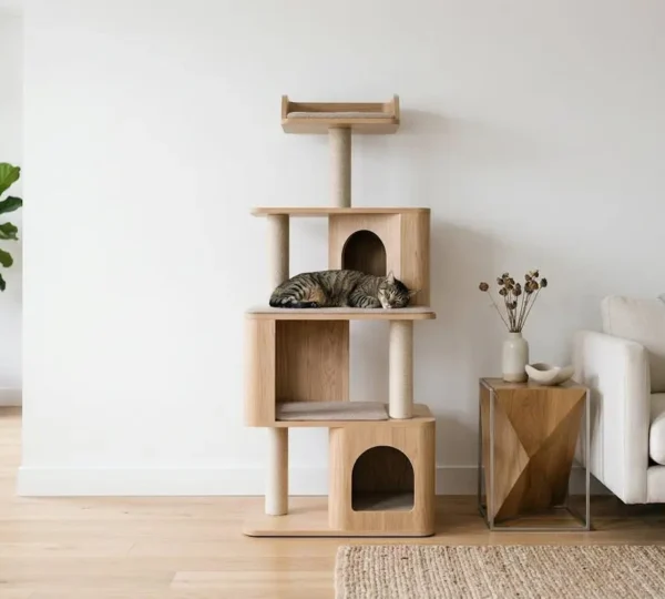 Salon moderne épuré avec arbre à chat design intégré harmonieusement dans la décoration contemporaine