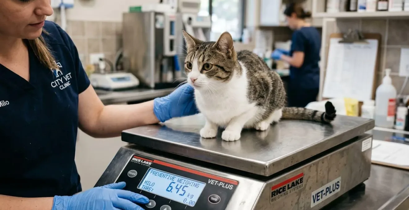 Gros plan sur une balance vétérinaire professionnelle lors d'une pesée préventive d'un animal de compagnie