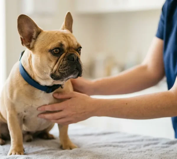 Bouledogue Français chez le vétérinaire illustrant les coûts de soins et les enjeux financiers