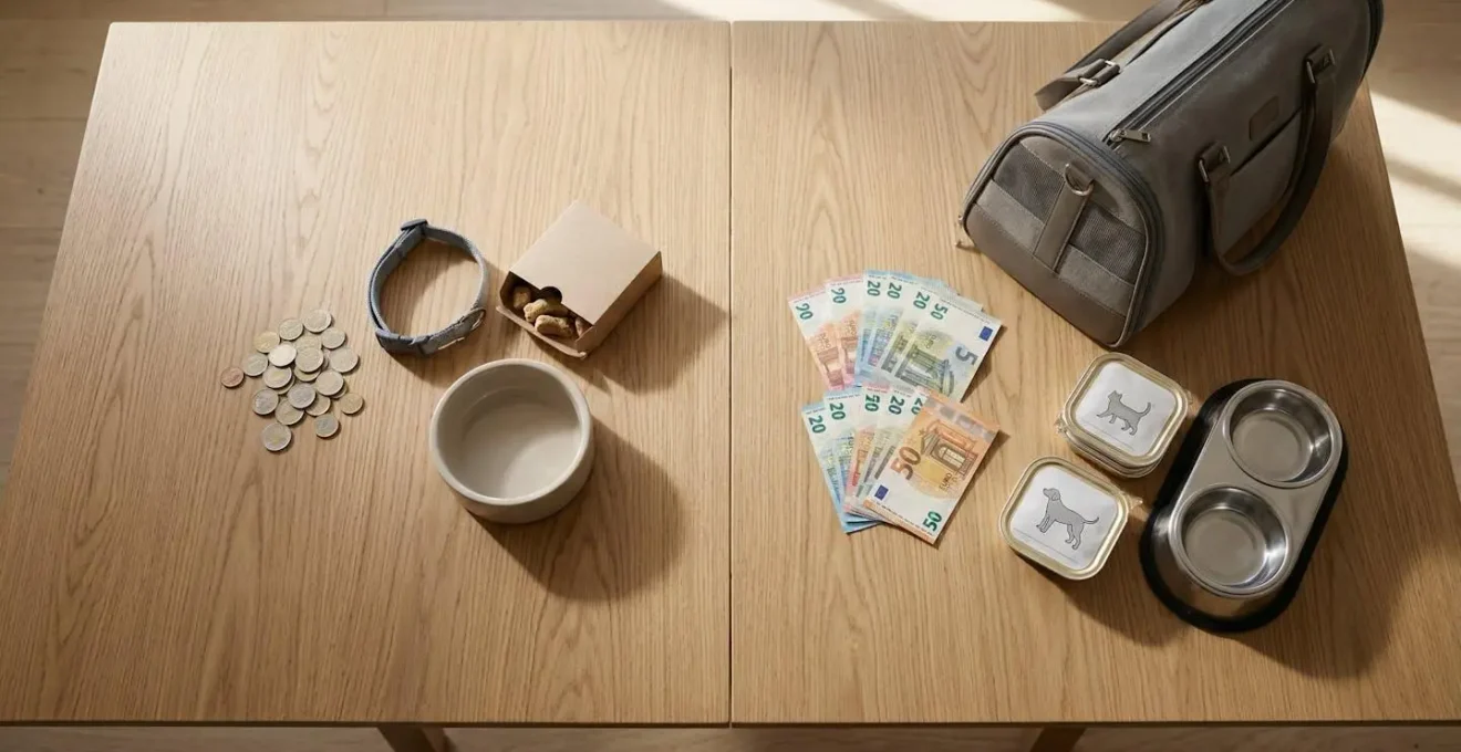 Vue d'ensemble comparative des coûts d'adoption et de première année entre refuge et élevage avec éléments visuels de budget