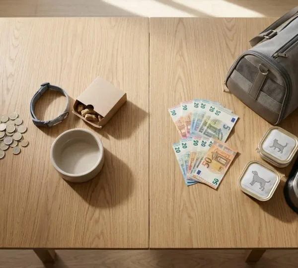 Vue d'ensemble comparative des coûts d'adoption et de première année entre refuge et élevage avec éléments visuels de budget