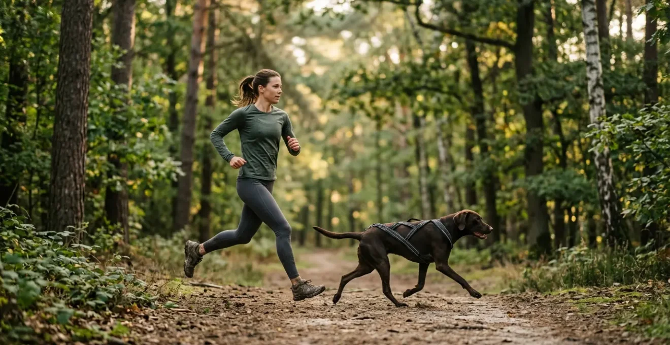 Coureur pratiquant le canicross avec son chien sur un sentier forestier naturel