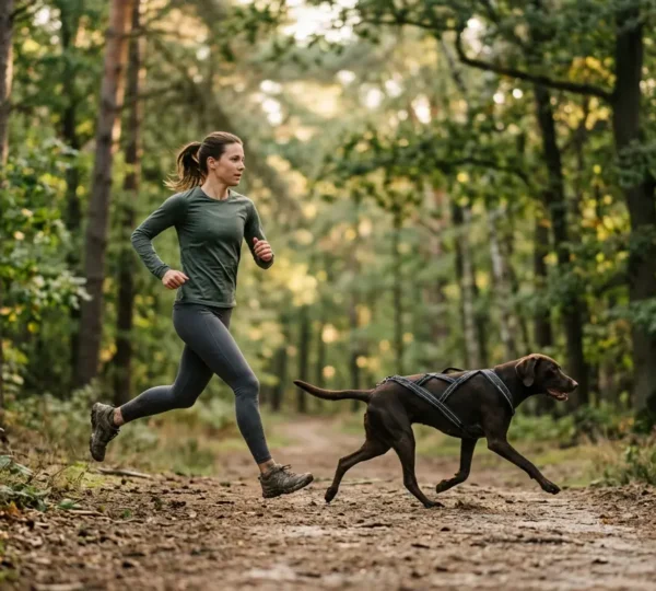 Coureur pratiquant le canicross avec son chien sur un sentier forestier naturel