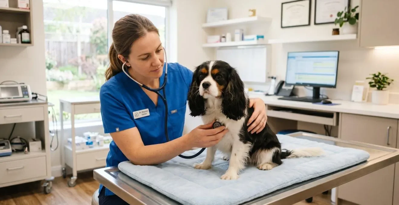 Cavalier King Charles calme pendant un examen cardiaque avec un vétérinaire attentif dans une clinique lumineuse