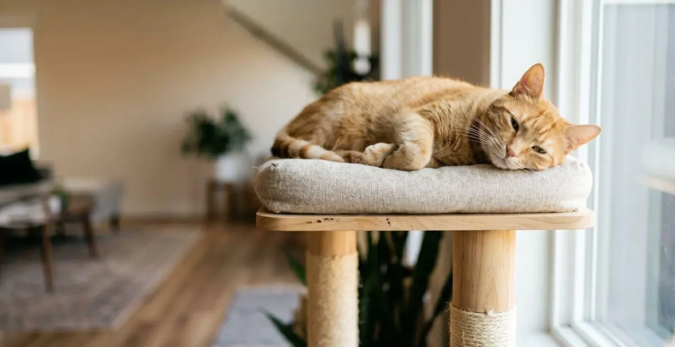 Chat installé confortablement en hauteur sur un arbre à chat, illustrant son besoin naturel de sécurité et d'observation