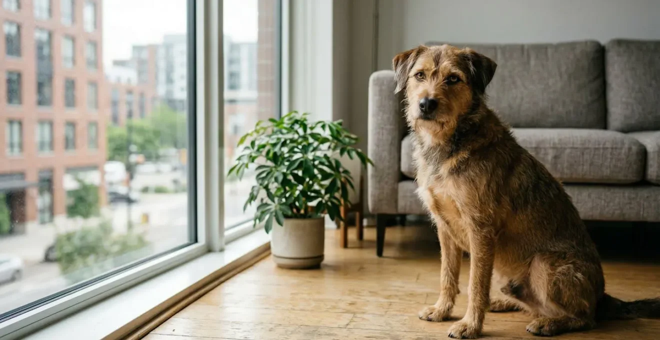 Chien adulte adopté paisiblement installé dans un appartement moderne et lumineux