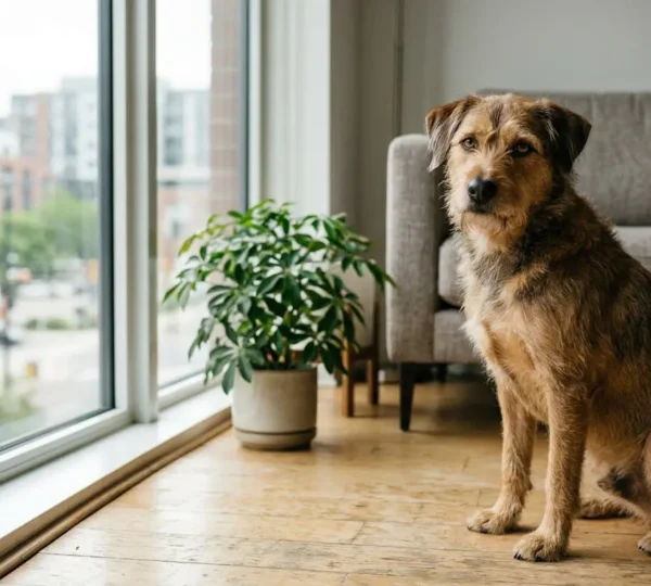 Chien adulte adopté paisiblement installé dans un appartement moderne et lumineux