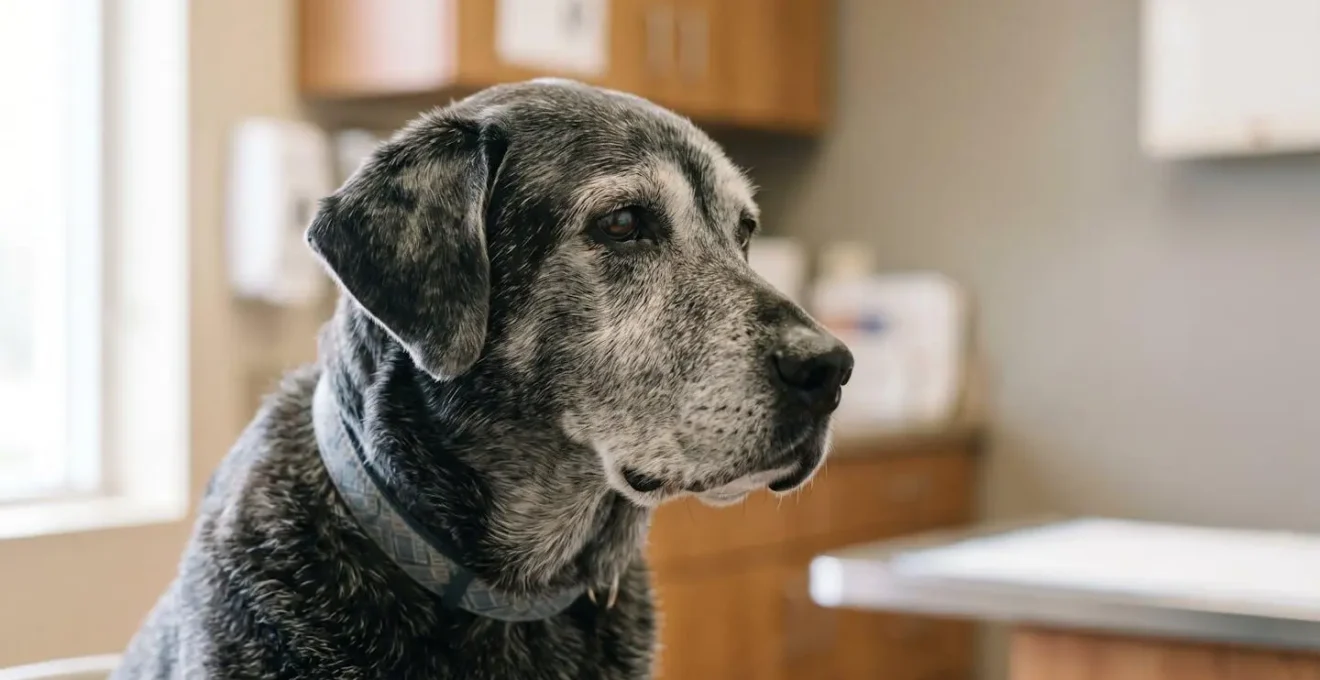Chien senior lors d'une consultation vétérinaire illustrant les besoins de soins spécifiques liés à l'âge