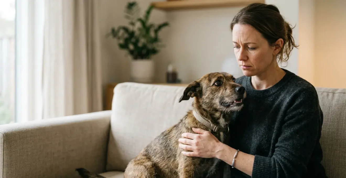 Chien anxieux aux côtés de son maître montrant le lien émotionnel entre eux