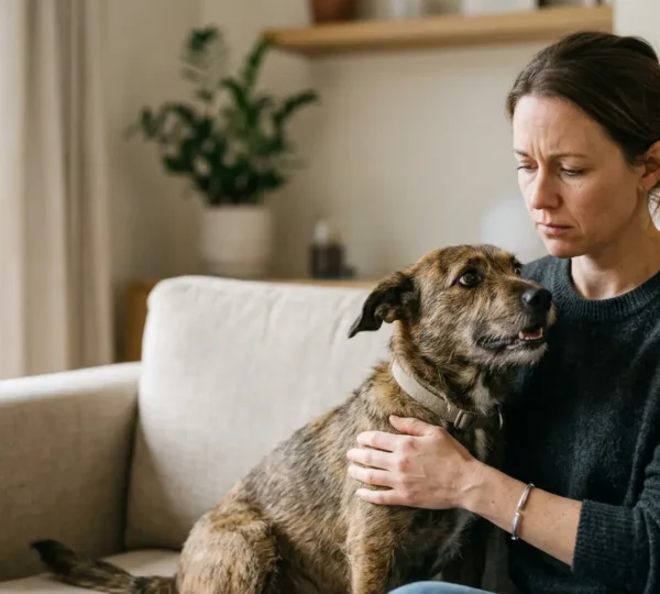 Chien anxieux aux côtés de son maître montrant le lien émotionnel entre eux