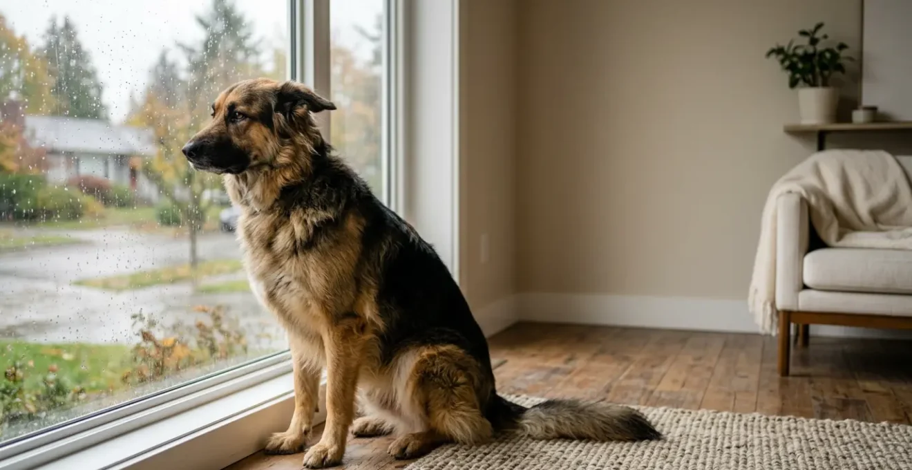 Chien assis près d'une fenêtre regardant l'extérieur avec une expression mélancolique