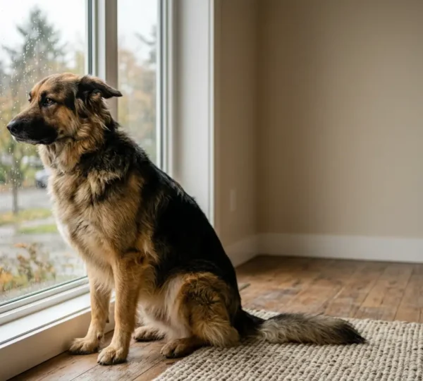 Chien assis près d'une fenêtre regardant l'extérieur avec une expression mélancolique