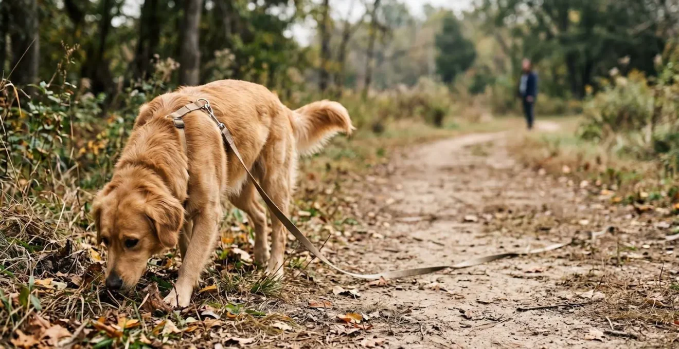 Chien explorant librement son environnement lors d'une promenade autonome