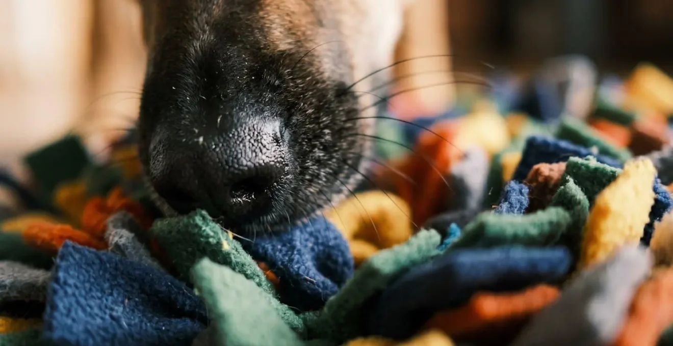 Chien utilisant intensément son odorat pour chercher des friandises cachées dans un tapis de fouille fait maison