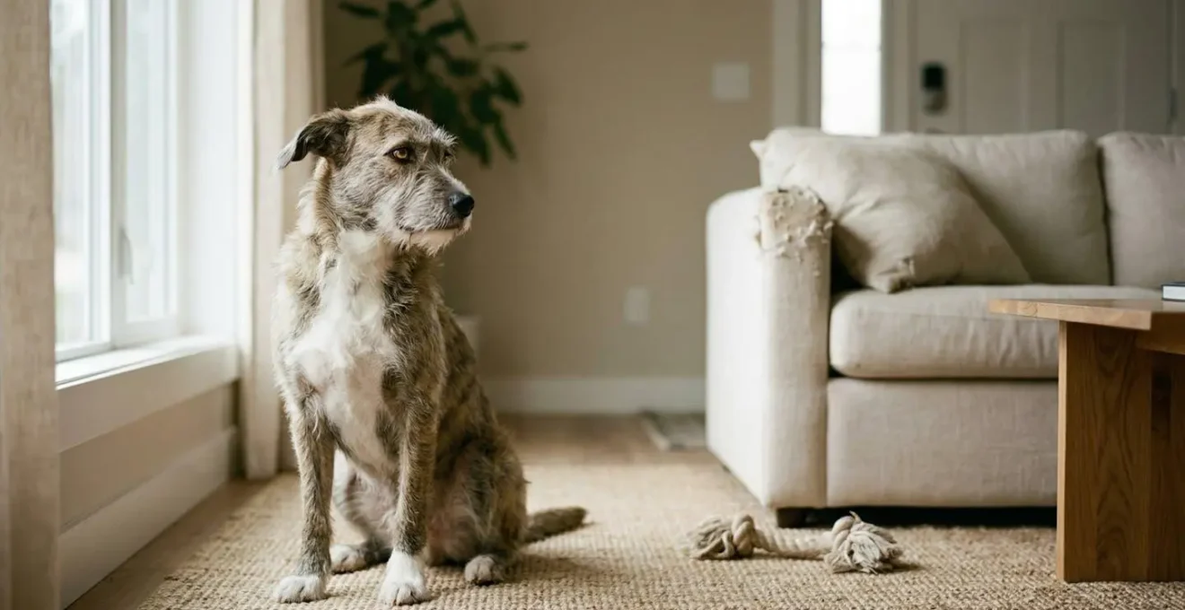 Chien seul dans un intérieur calme exprimant un comportement ambivalent entre ennui et anxiété