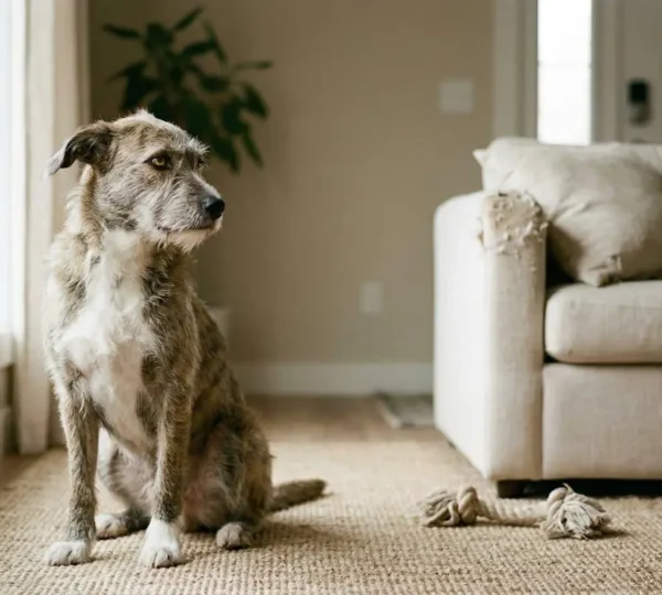 Chien seul dans un intérieur calme exprimant un comportement ambivalent entre ennui et anxiété