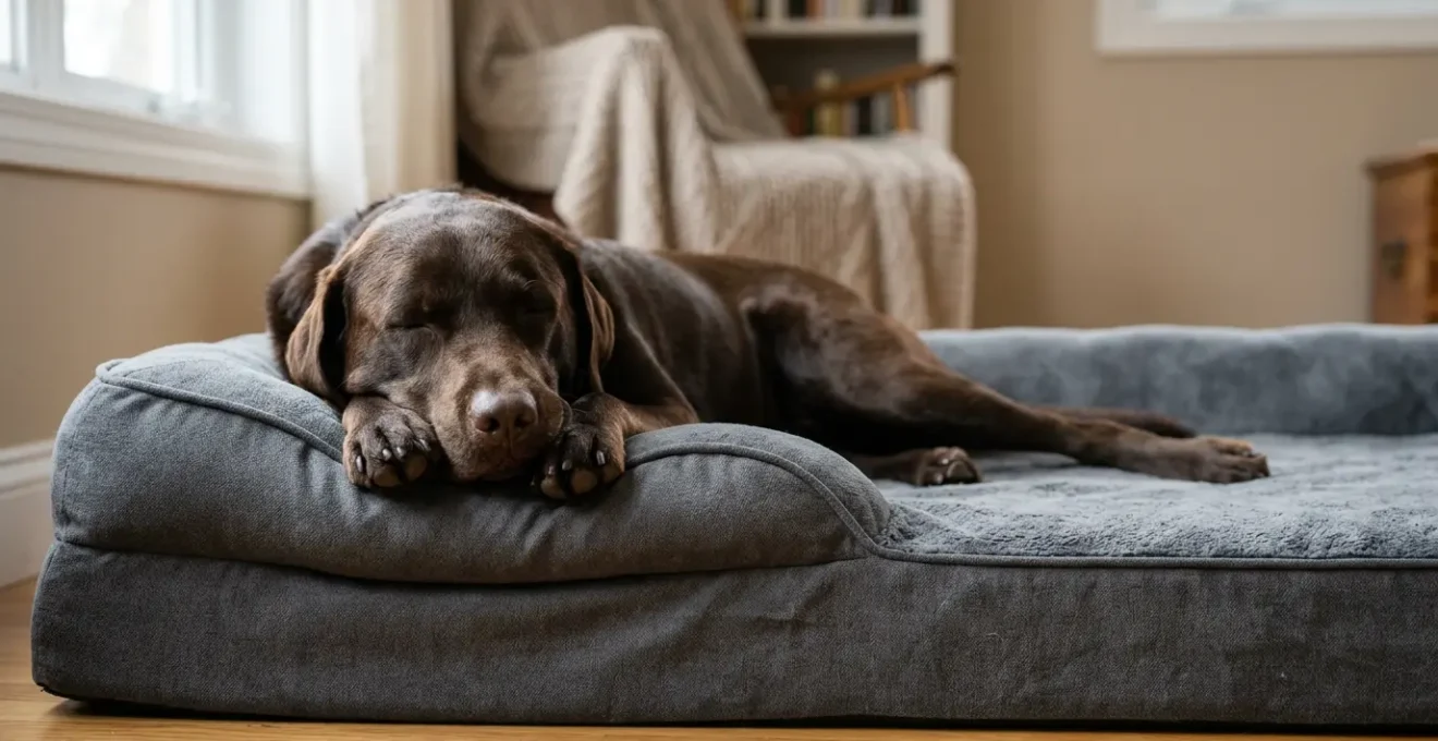 Chien de grande race allongé paisiblement sur un panier orthopédique à mémoire de forme dans un intérieur chaleureux