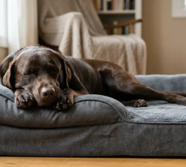 Chien de grande race allongé paisiblement sur un panier orthopédique à mémoire de forme dans un intérieur chaleureux