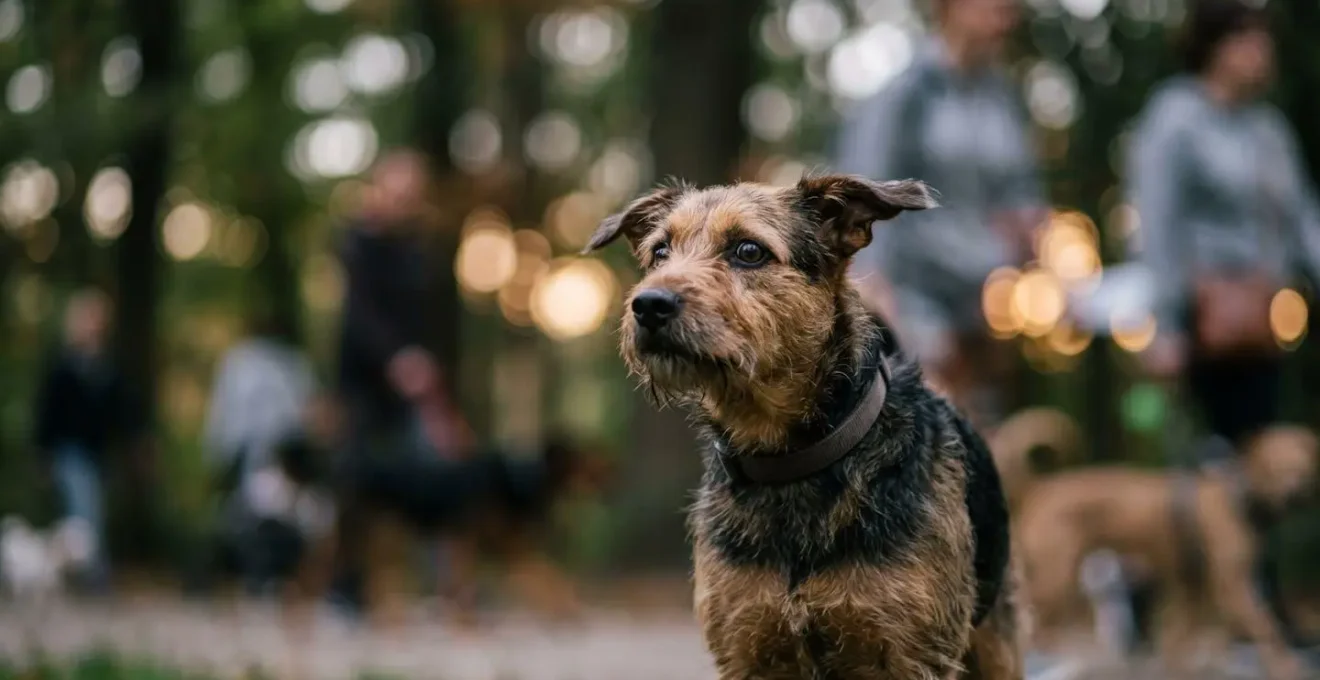 Chien en extérieur entouré d'éléments naturels illustrant la surcharge sensorielle et cognitive