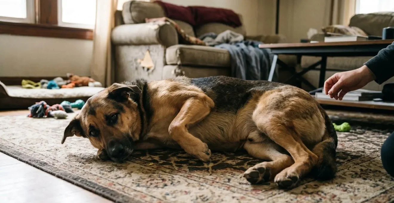 Chien de grande race montrant des signes de détresse abdominale nécessitant une intervention urgente