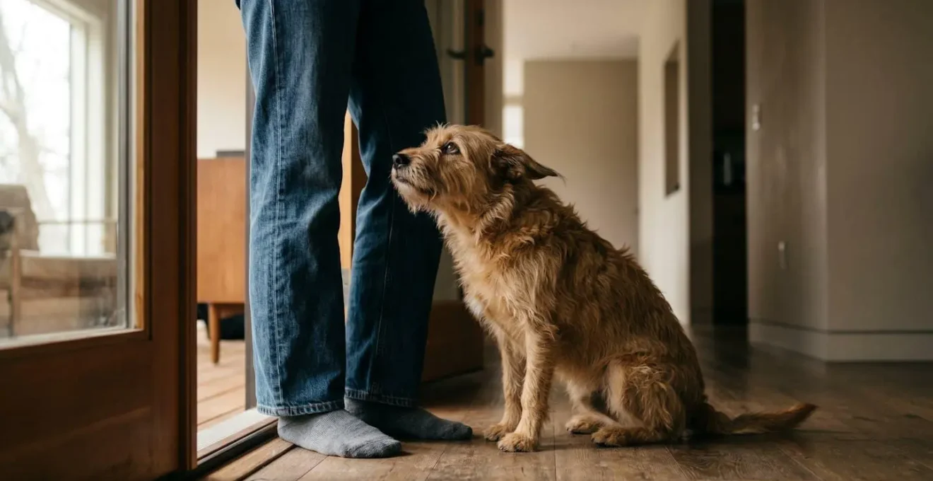Chien manifestant des signes d'hyperattachement en suivant son maître de près
