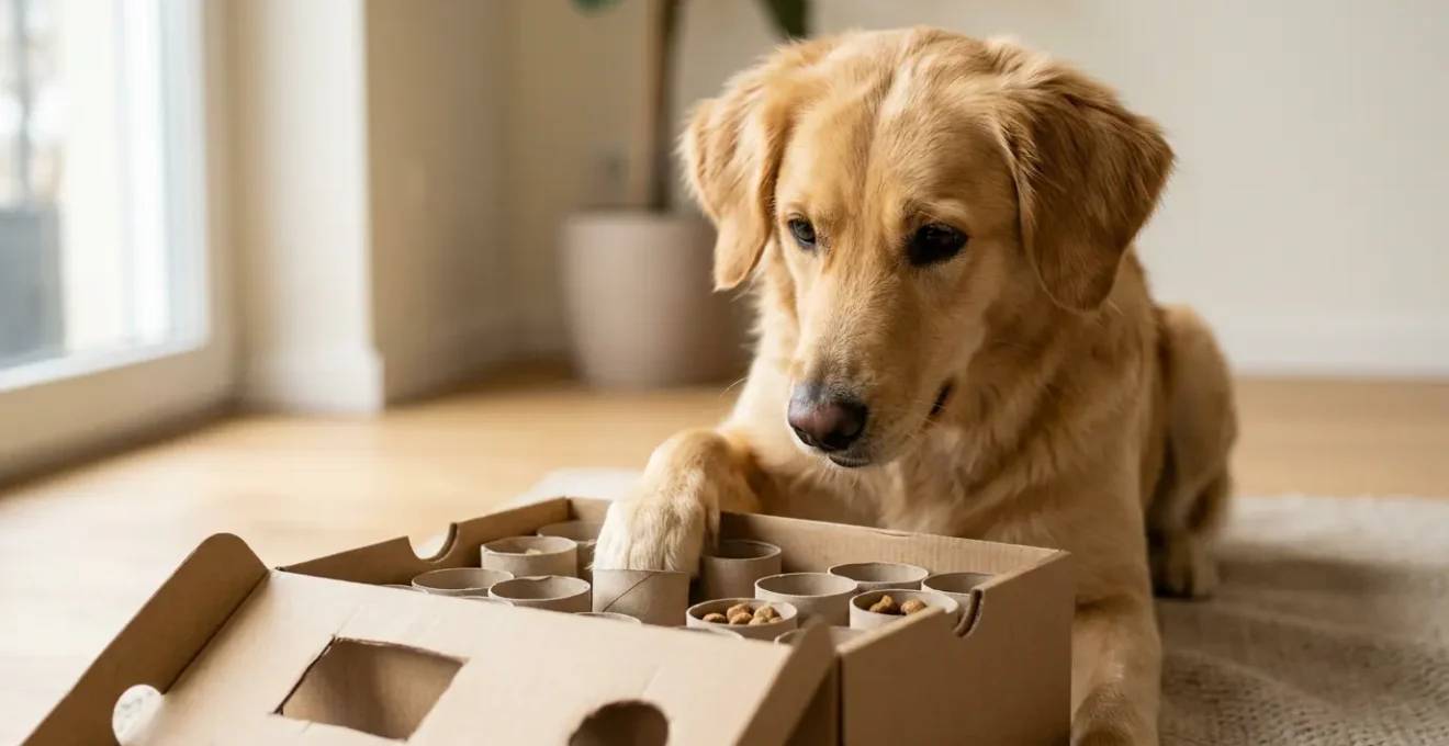 Chien concentré jouant avec un jeu d'occupation fait maison en carton rempli de friandises