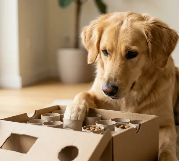 Chien concentré jouant avec un jeu d'occupation fait maison en carton rempli de friandises