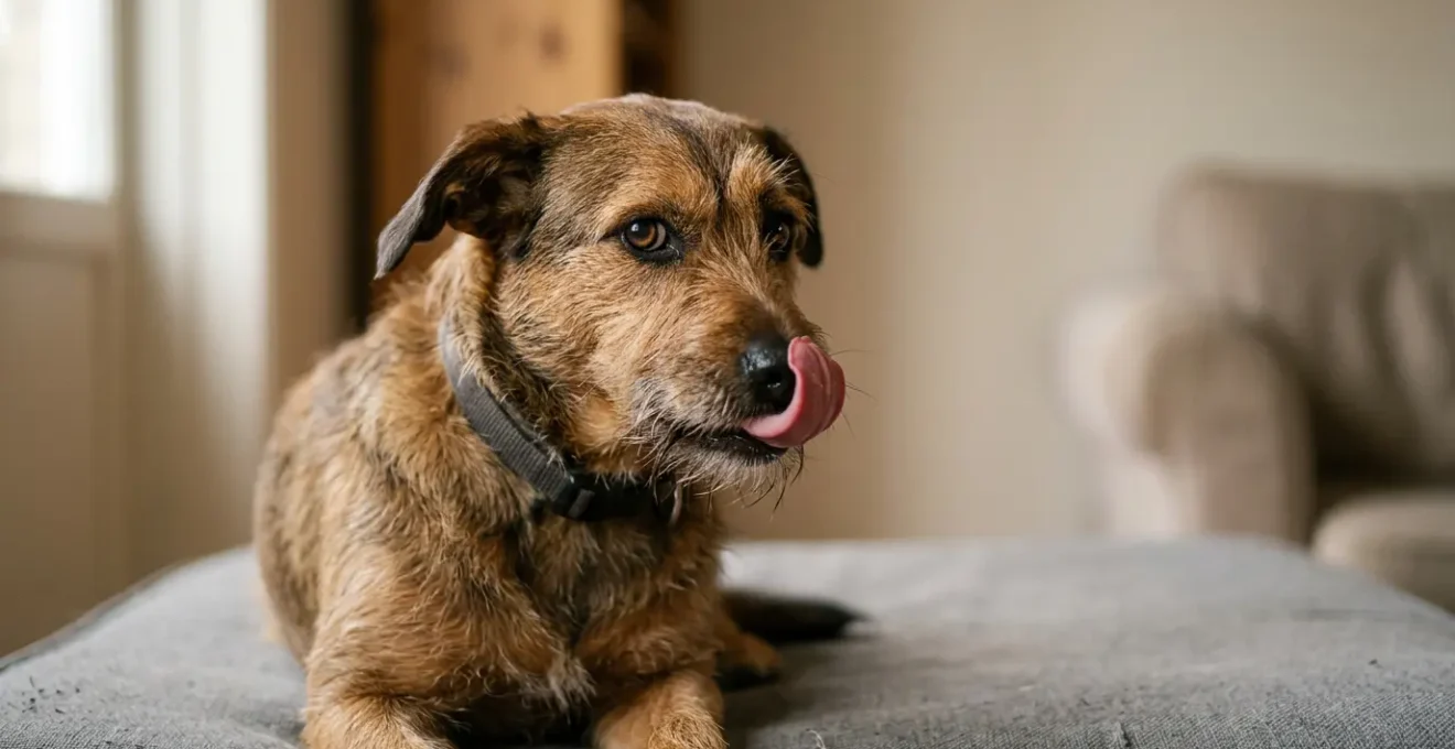Chien se léchant la truffe devant un appareil photo, exprimant un signal d'apaisement subtil