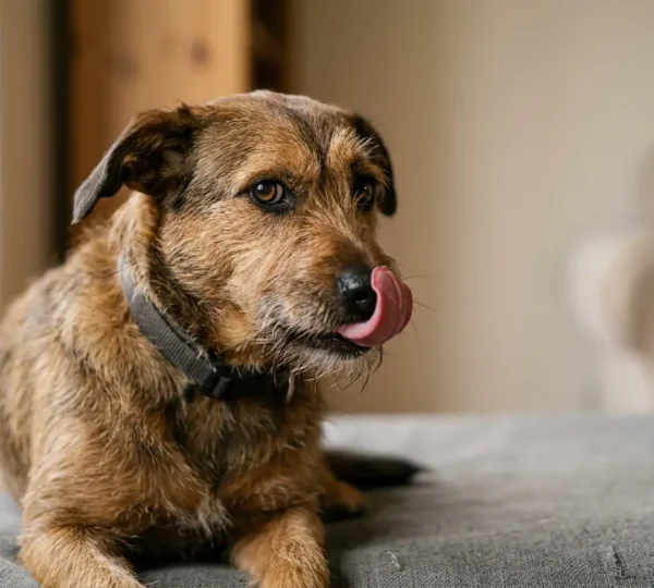 Chien se léchant la truffe devant un appareil photo, exprimant un signal d'apaisement subtil
