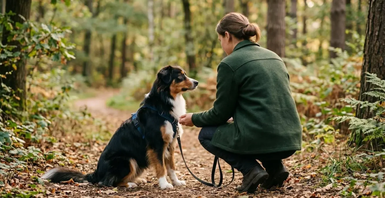 Interaction calme entre un maître et son chien dans un environnement naturel, illustrant la patience et la communication positive