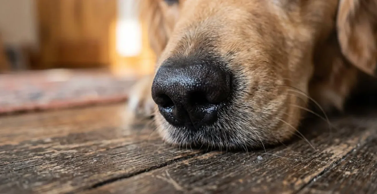 Chien concentré utilisant son flair pour chercher un objet caché dans un environnement intérieur calme