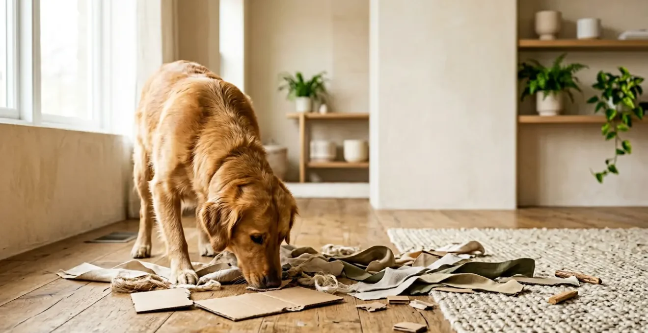 Chien concentré en train de chercher et renifler de la nourriture cachée dans un environnement enrichissant