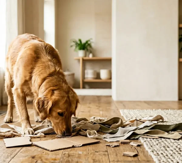 Chien concentré en train de chercher et renifler de la nourriture cachée dans un environnement enrichissant