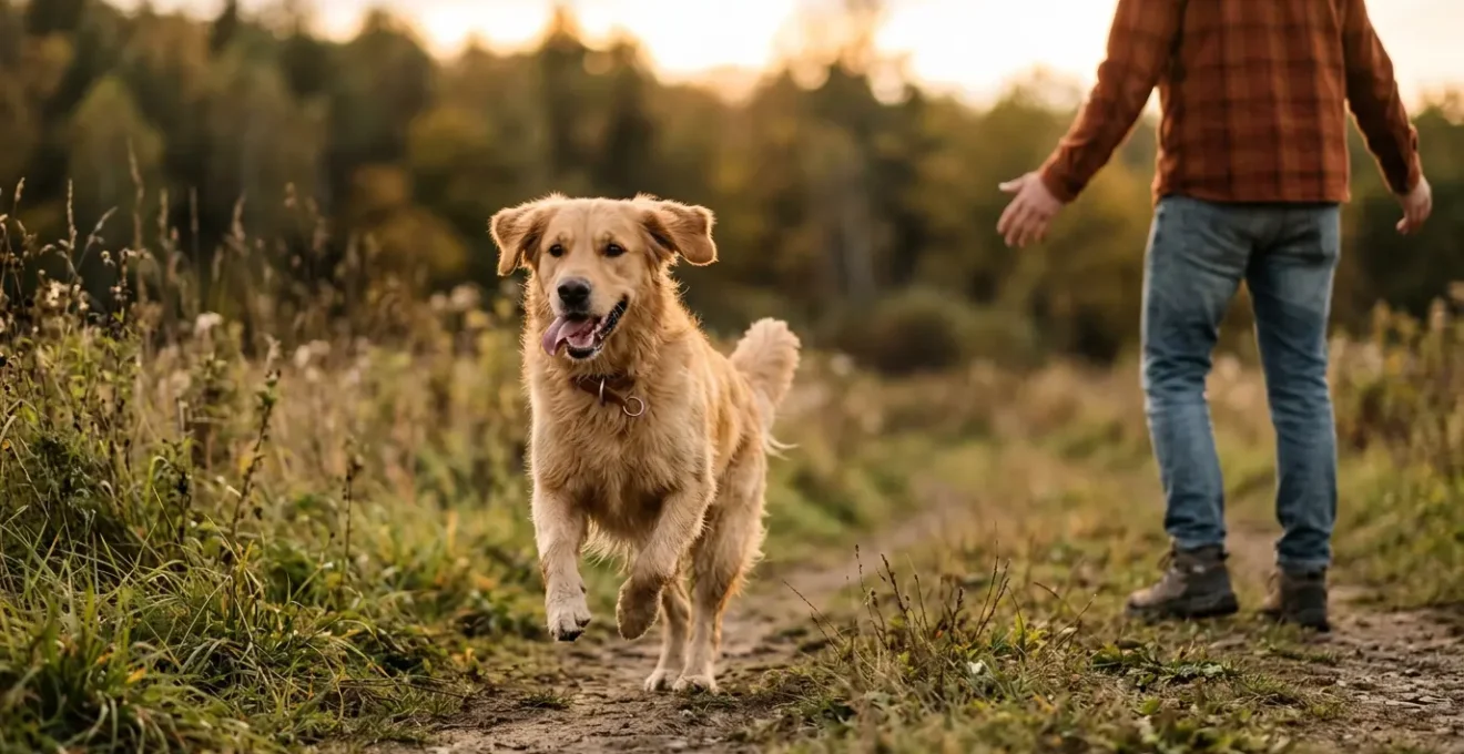 Chien en mouvement revenant vers son maître dans un environnement naturel, illustrant la connexion et le rappel positif