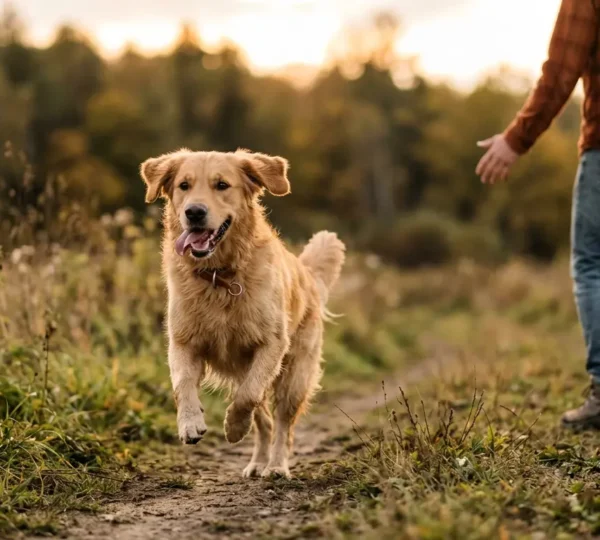 Chien en mouvement revenant vers son maître dans un environnement naturel, illustrant la connexion et le rappel positif