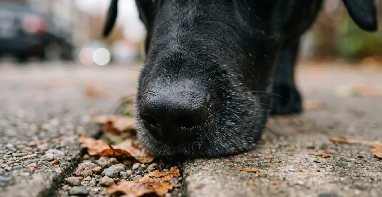 Chien en alerte reniflant le sol urbain avec attention