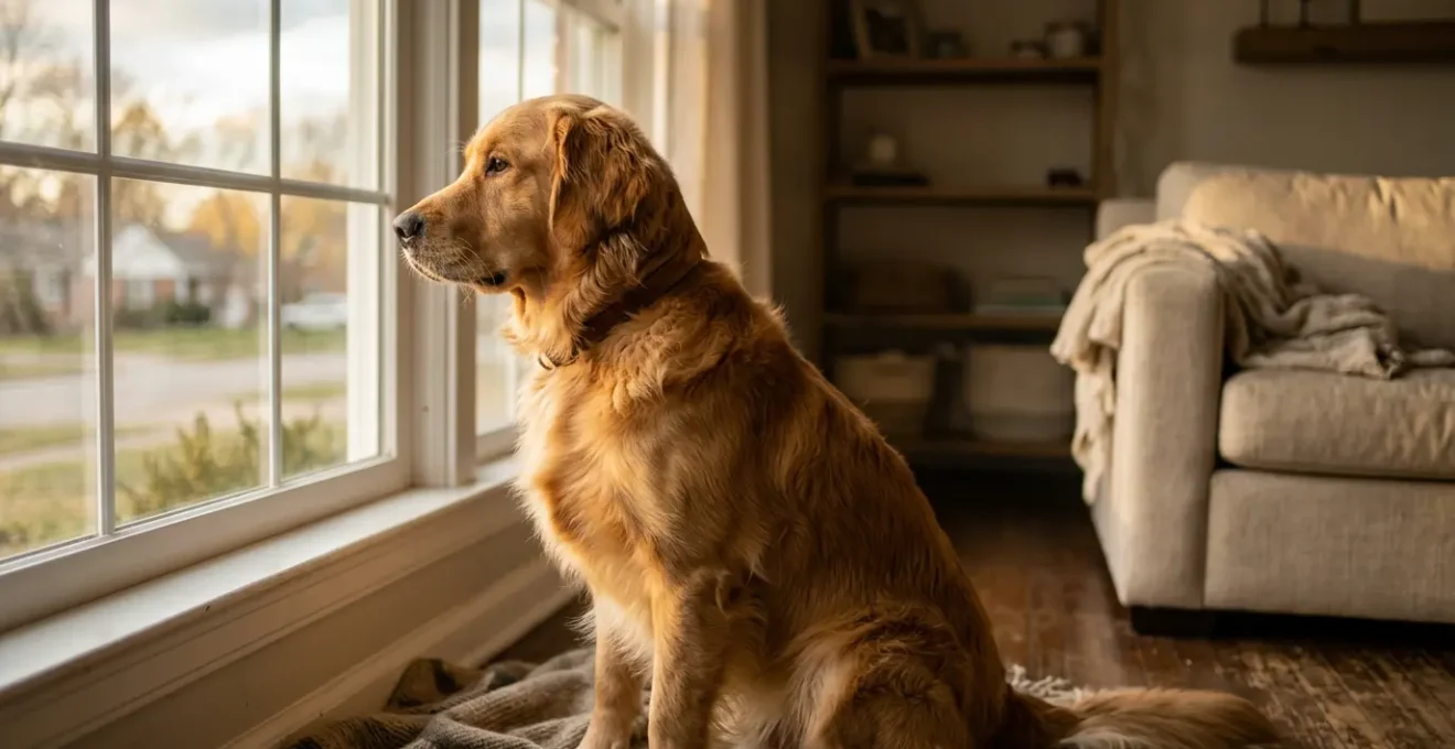 Chien regardant par une fenêtre à une heure précise, attendant sa promenade habituelle