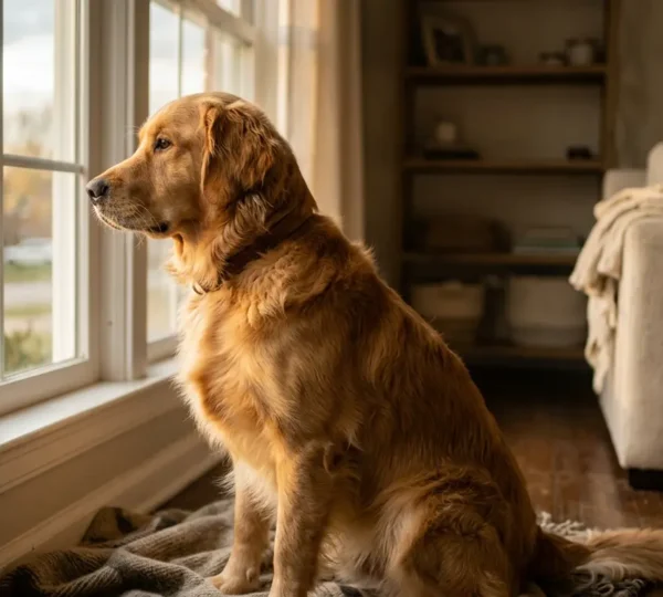Chien regardant par une fenêtre à une heure précise, attendant sa promenade habituelle