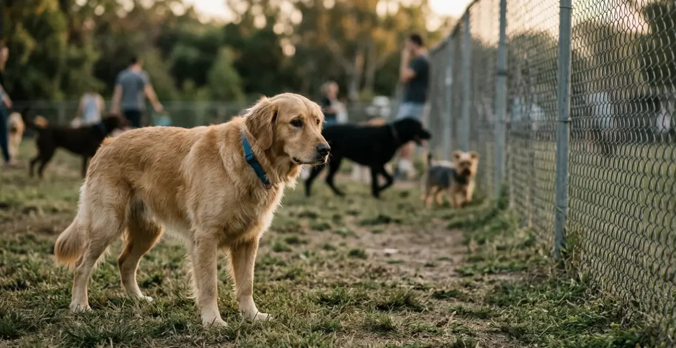 Chien sensible dans un parc à chiens fermé montrant des signes de stress et d'inconfort