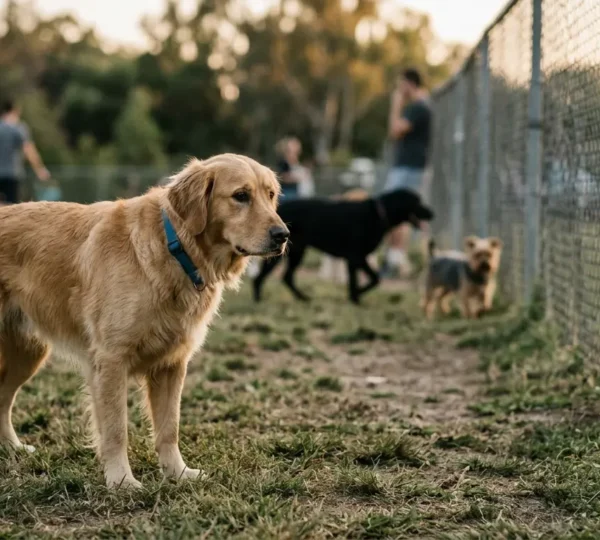 Chien sensible dans un parc à chiens fermé montrant des signes de stress et d'inconfort