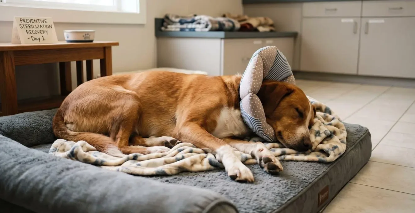 Chienne en convalescence sereine après une stérilisation préventive