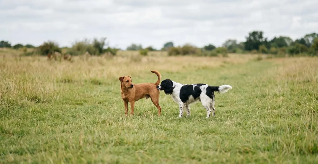 Deux chiens se reniflant mutuellement lors d'une rencontre sociale naturelle