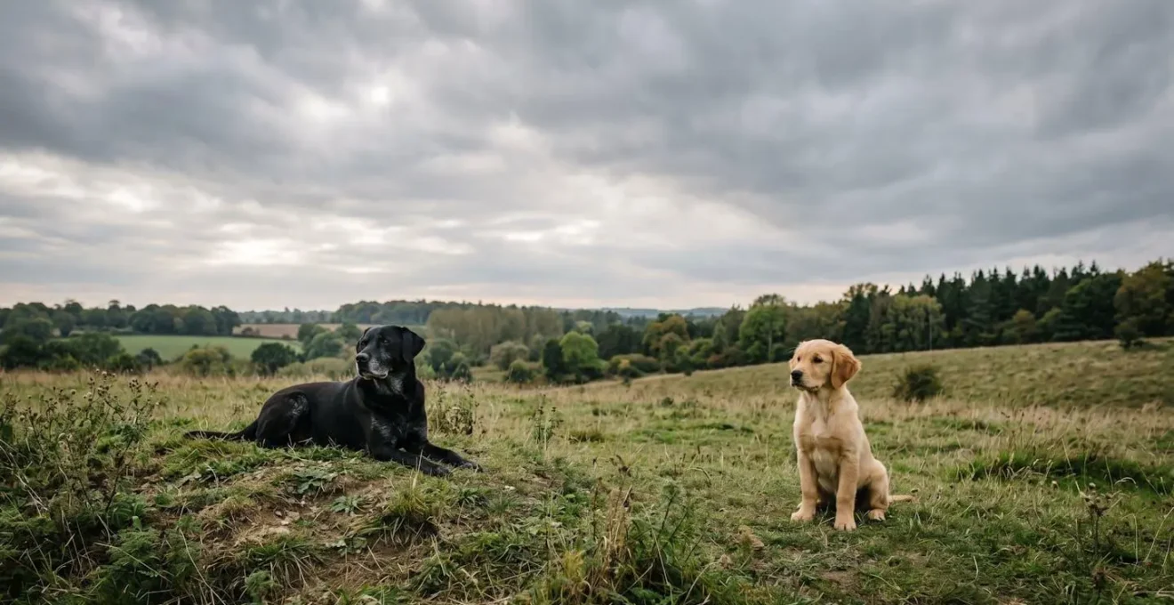 Scène d'interaction naturelle entre un chiot et un chien adulte dans un environnement extérieur calme