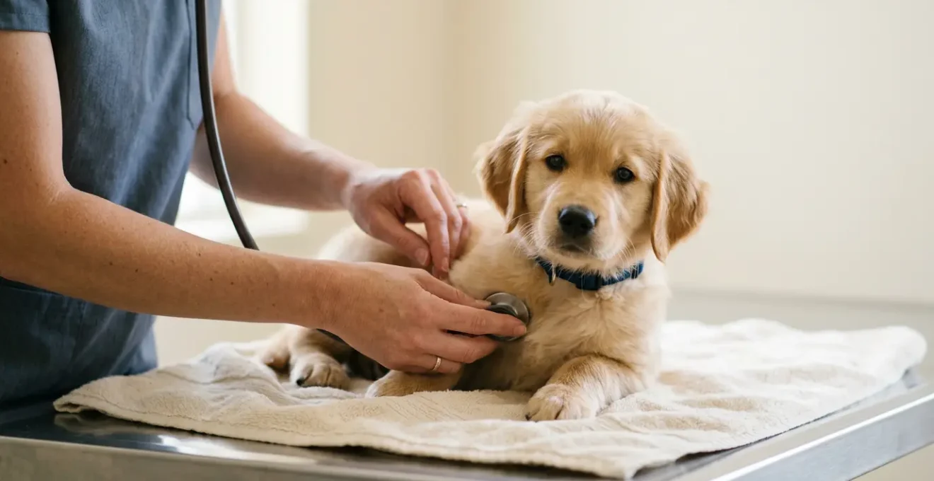 Chiot de deux mois lors d'un examen vétérinaire préventif illustrant l'importance de la souscription précoce d'assurance