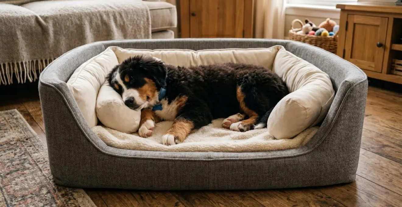 Chiot de grande race reposant dans un panier orthopédique adapté avec système de réduction textile pour son confort et sa sécurité
